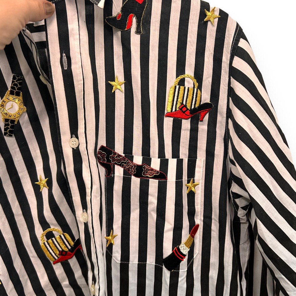 VTG Striped Glam Embroidered Shirt Size Small Oversized - Picture 4 of 5